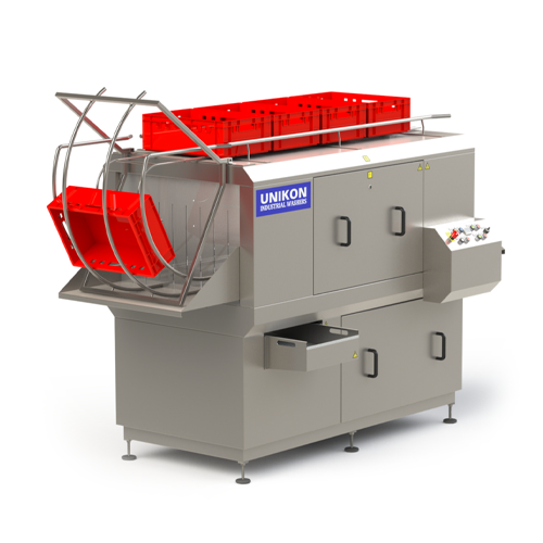 Crate washer with return for one man operation